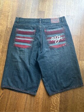 COOGI Dark Blue Denim Jean Shorts with back pocket Patchwork size 40 skater